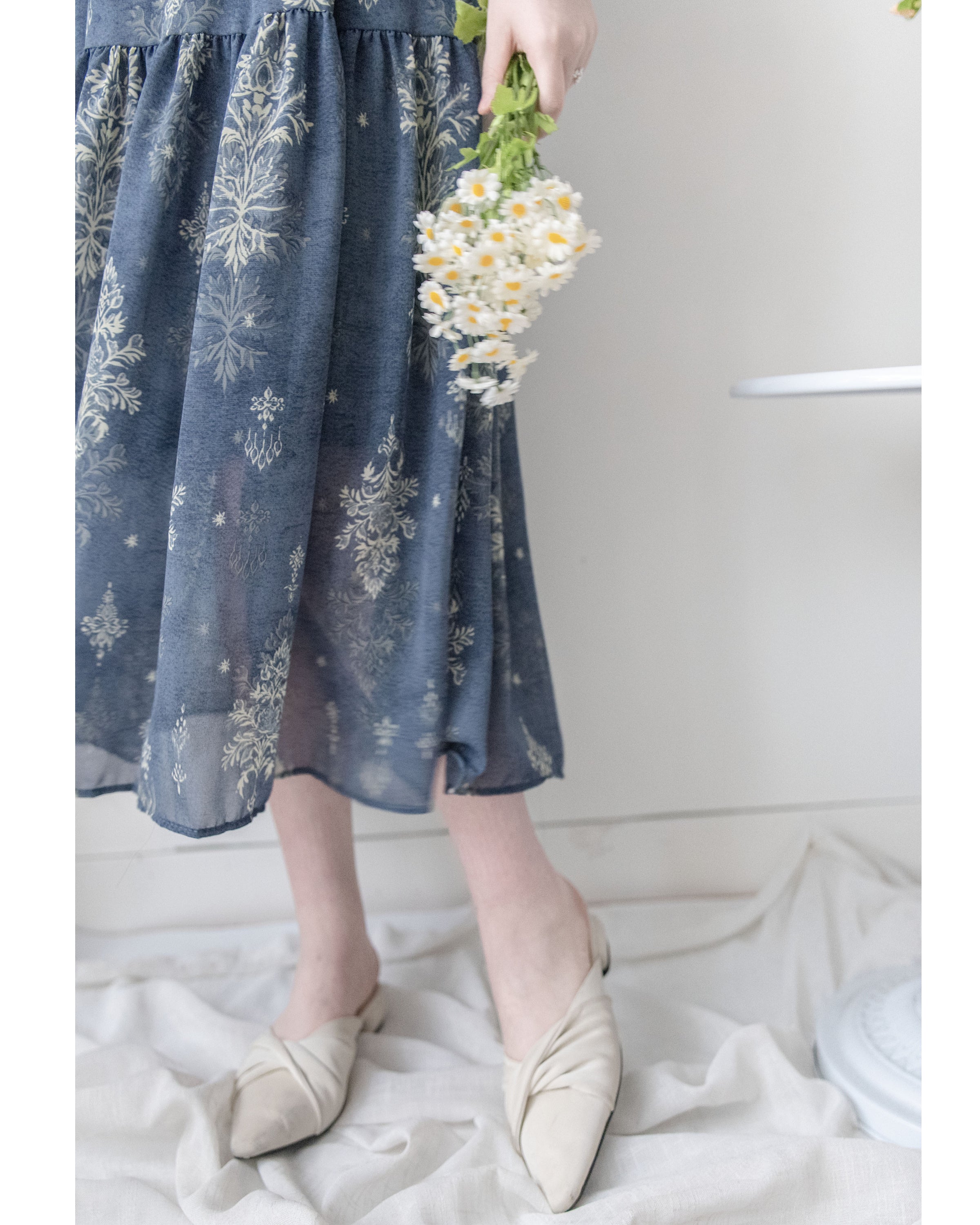 Midnight Snowflake Dress 午夜藍色雪花防皺雪紡修腰連身裙 / DS1045（pre-order)