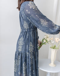 Midnight Snowflake Dress 午夜藍色雪花防皺雪紡修腰連身裙 / DS1045（pre-order)