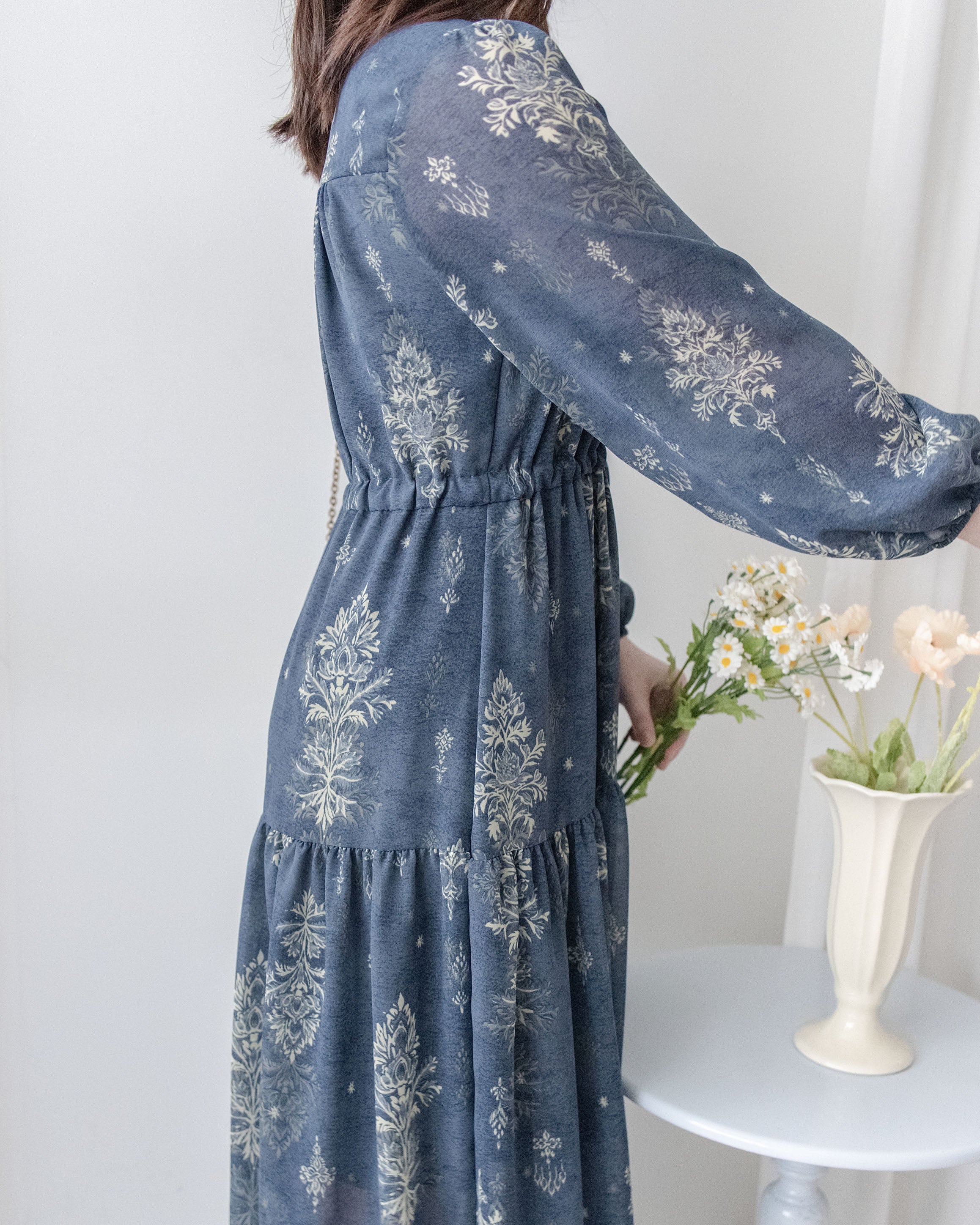 Midnight Snowflake Dress 午夜藍色雪花防皺雪紡修腰連身裙 / DS1045（pre-order)