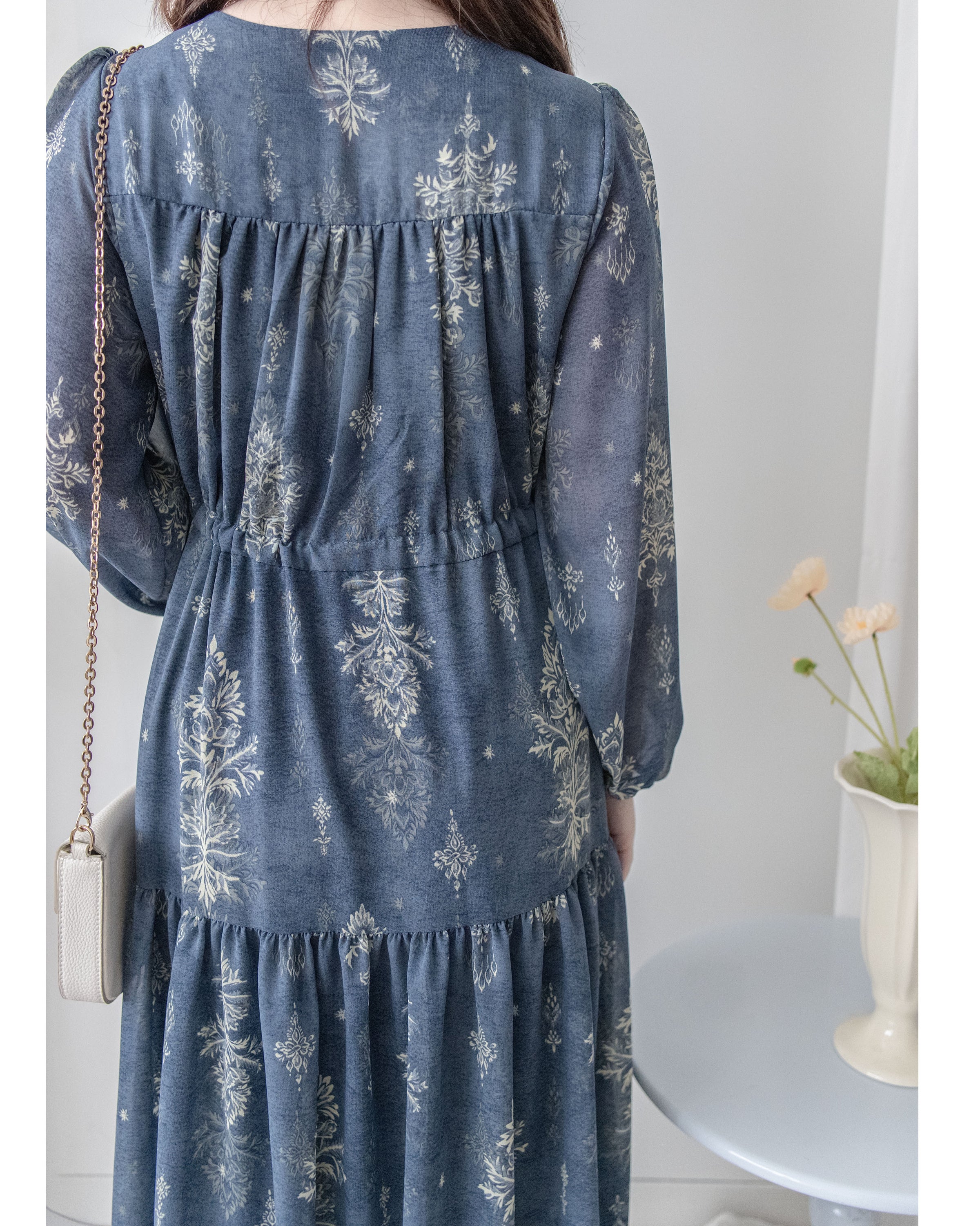 Midnight Snowflake Dress 午夜藍色雪花防皺雪紡修腰連身裙 / DS1045（pre-order)