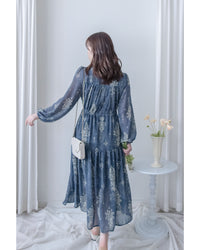 Midnight Snowflake Dress 午夜藍色雪花防皺雪紡修腰連身裙 / DS1045（pre-order)