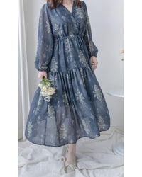 Midnight Snowflake Dress 午夜藍色雪花防皺雪紡修腰連身裙 / DS1045（pre-order)