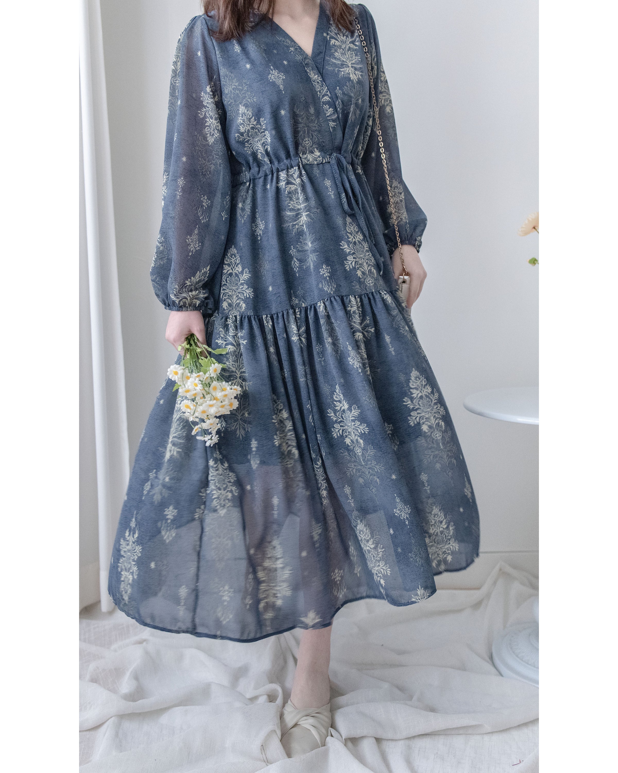 Midnight Snowflake Dress 午夜藍色雪花防皺雪紡修腰連身裙 / DS1045（pre-order)