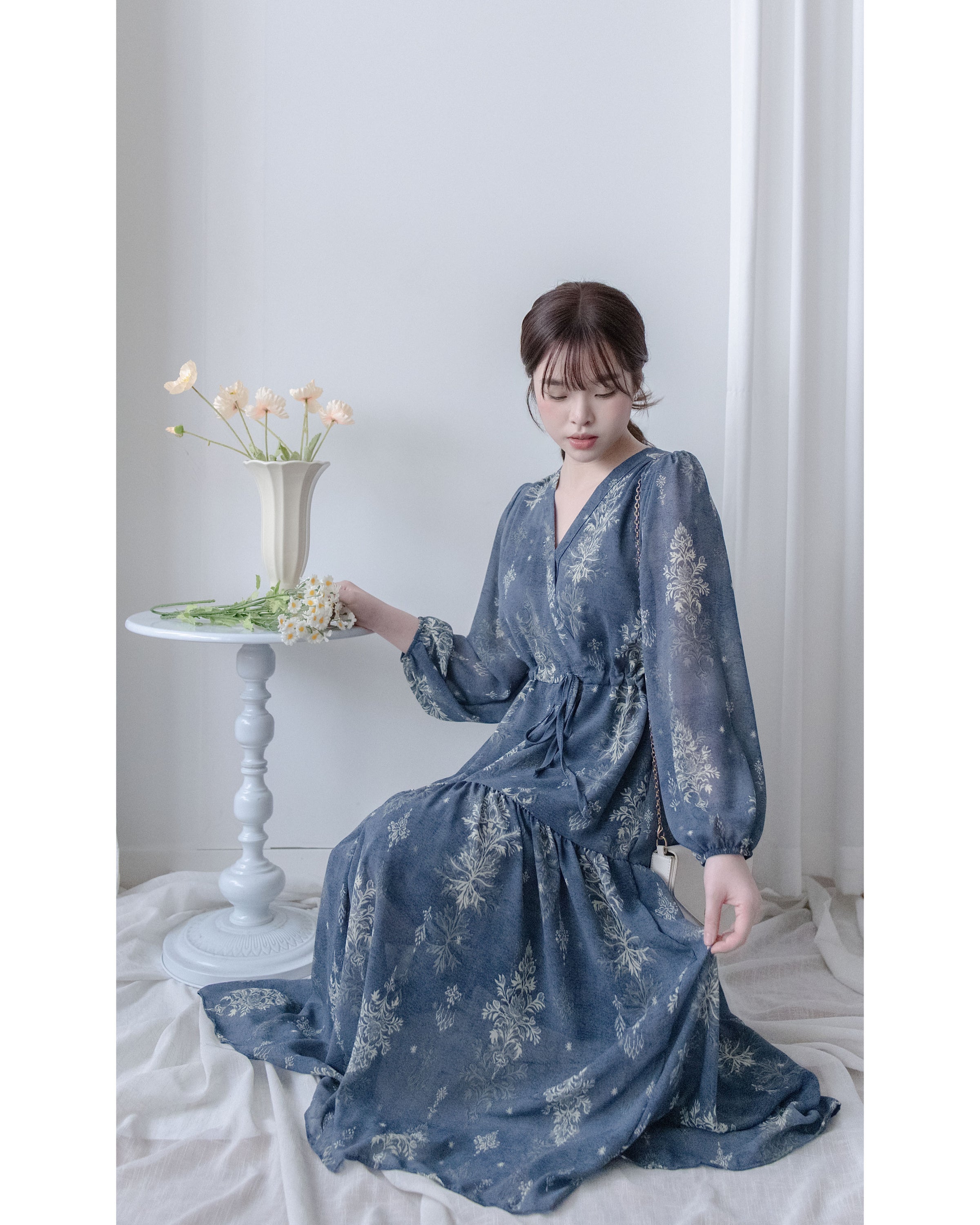 Midnight Snowflake Dress 午夜藍色雪花防皺雪紡修腰連身裙 / DS1045（pre-order)