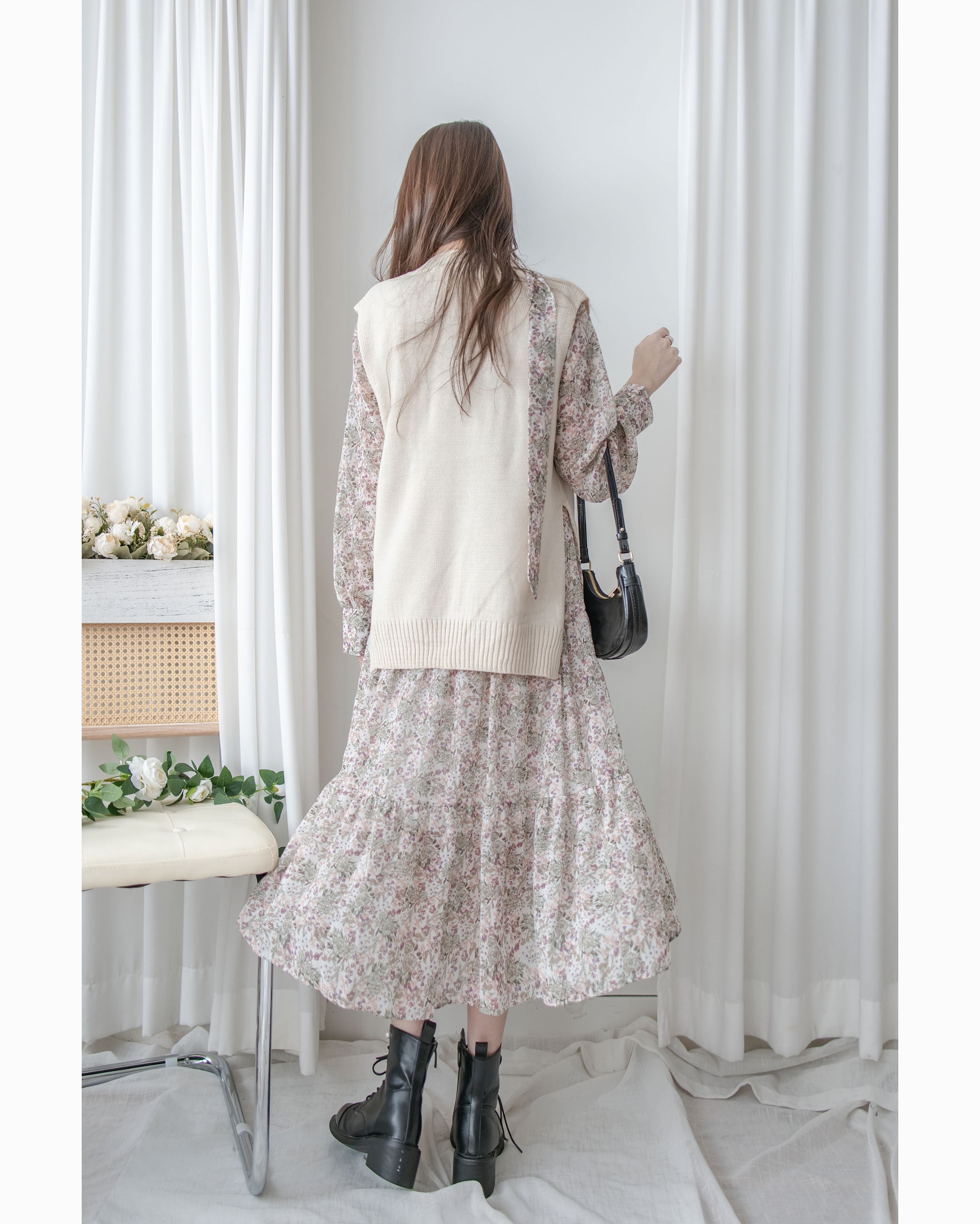 Floral Dress 雪紡碎花領口綁帶連身裙 / DS1028