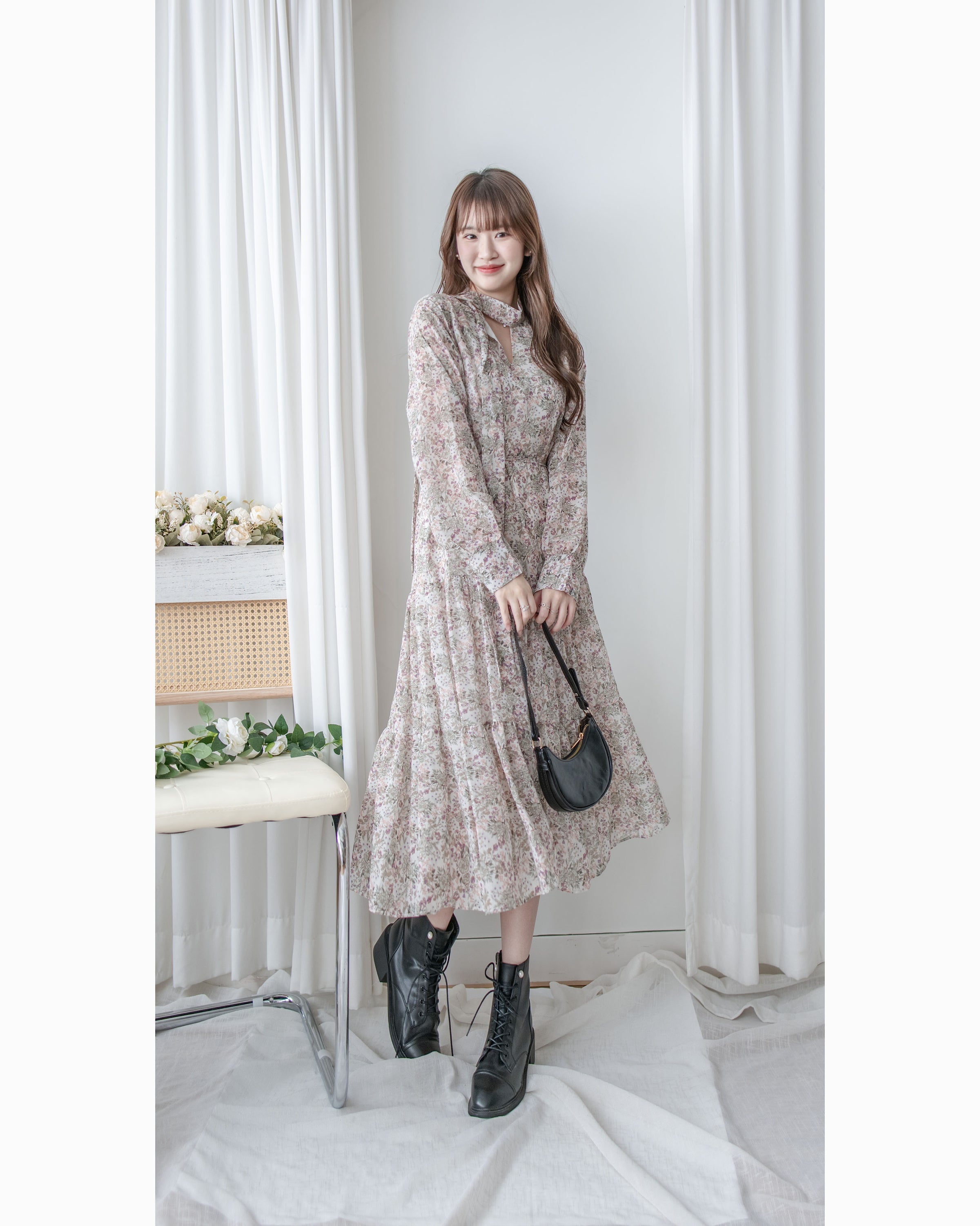 Floral Dress 雪紡碎花領口綁帶連身裙 / DS1028