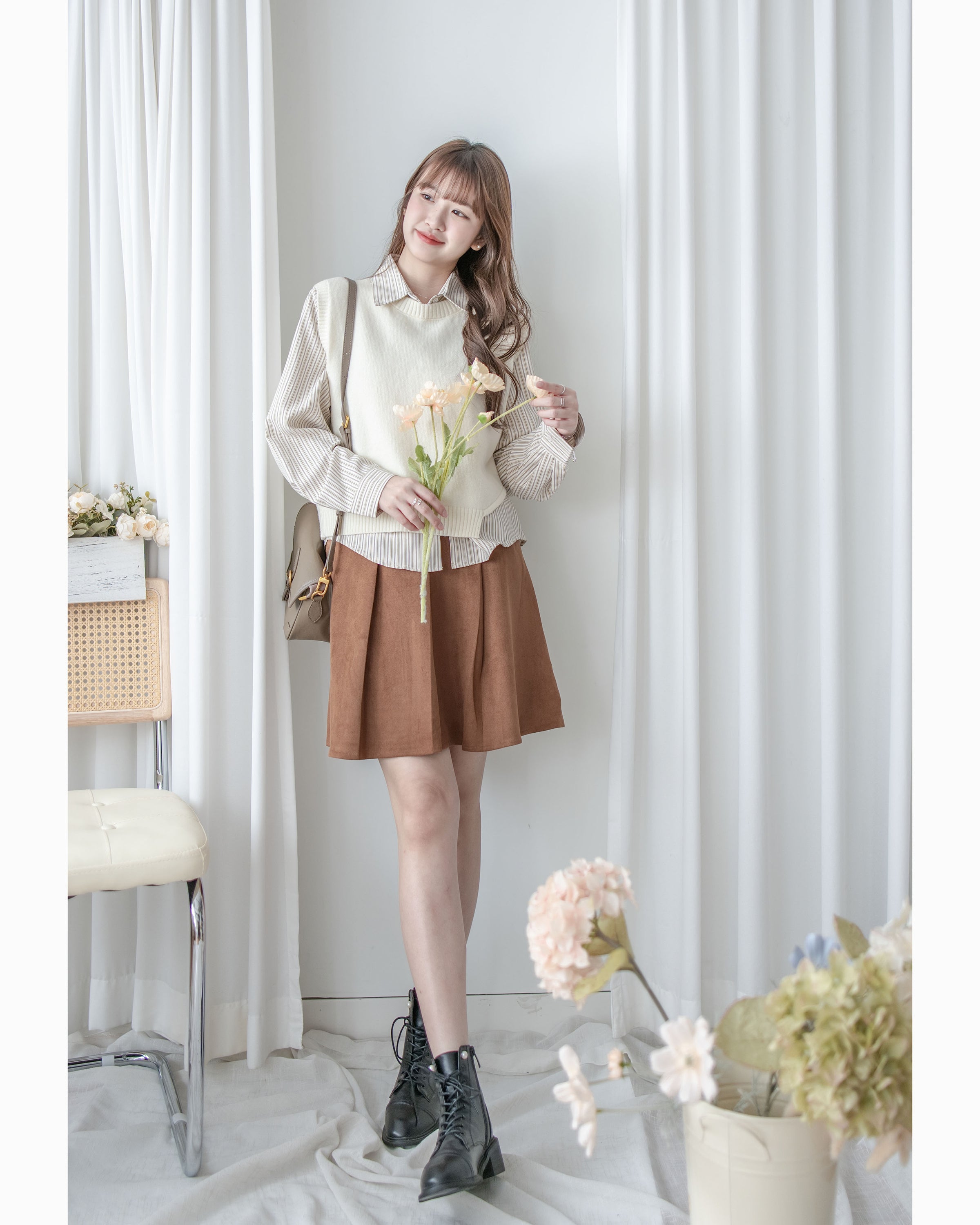 Stripe Shirt Set 不規則下擺針織背心條紋襯衫套裝/ SE9087