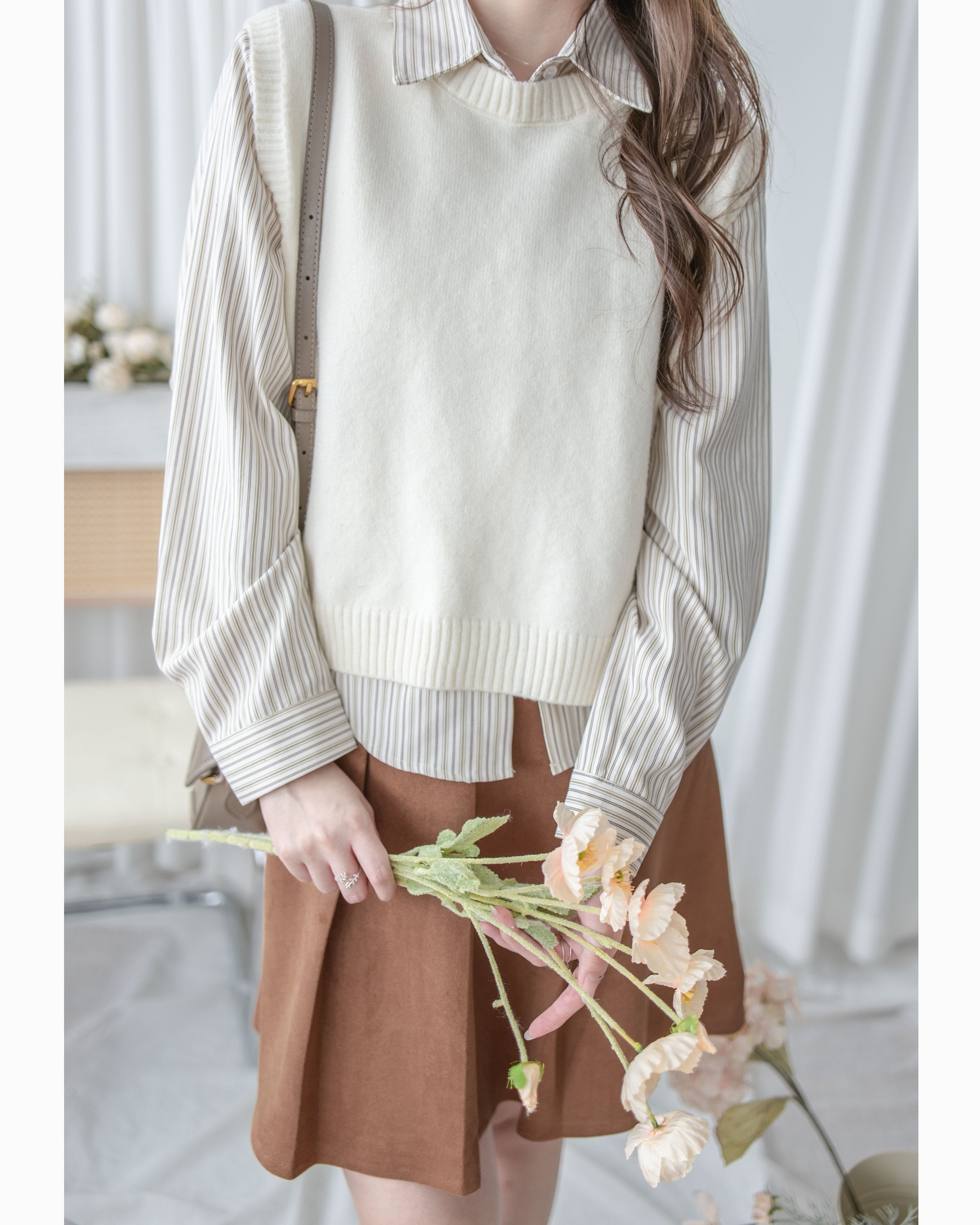 Stripe Shirt Set 不規則下擺針織背心條紋襯衫套裝/ SE9087