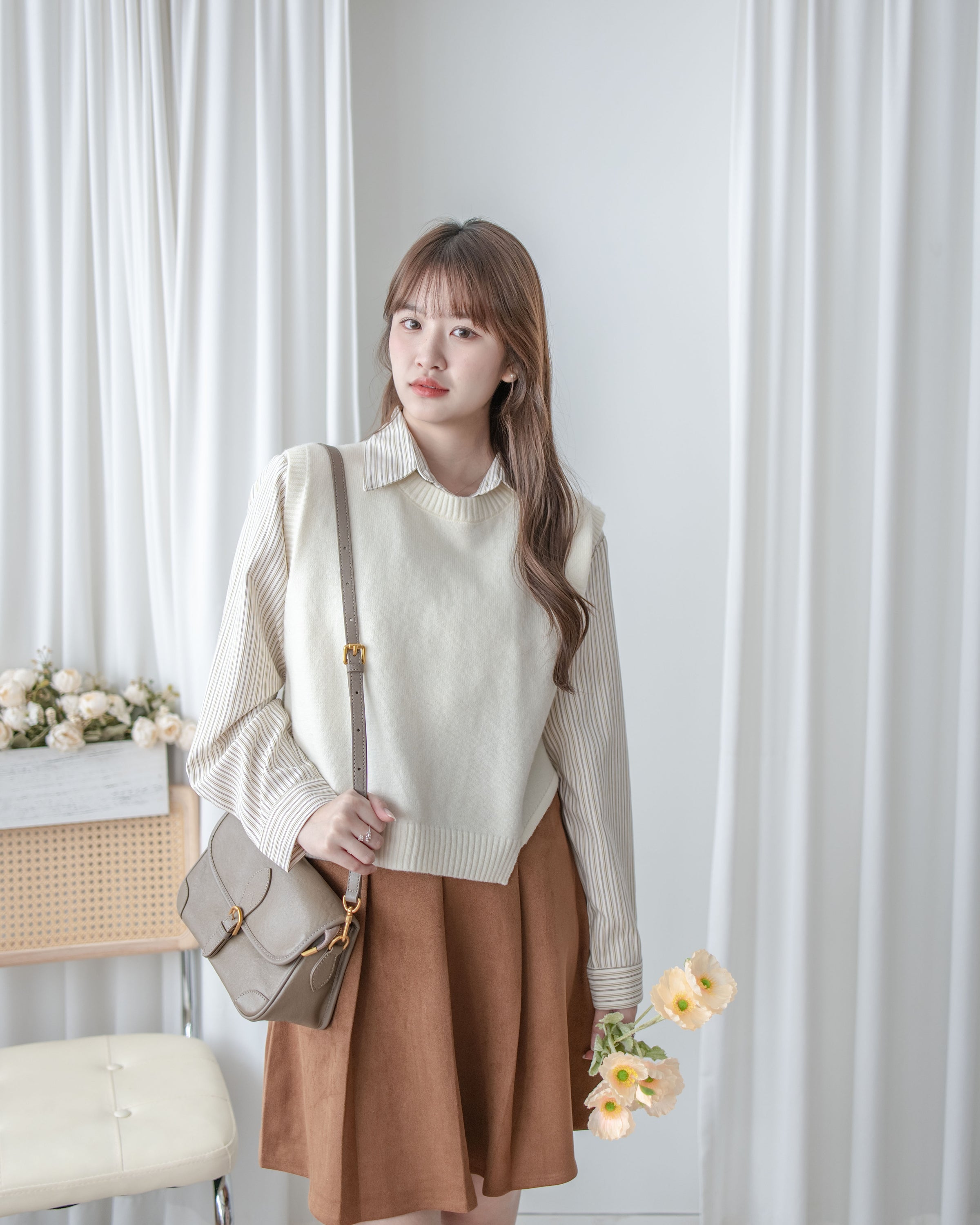 Stripe Shirt Set 不規則下擺針織背心條紋襯衫套裝/ SE9087