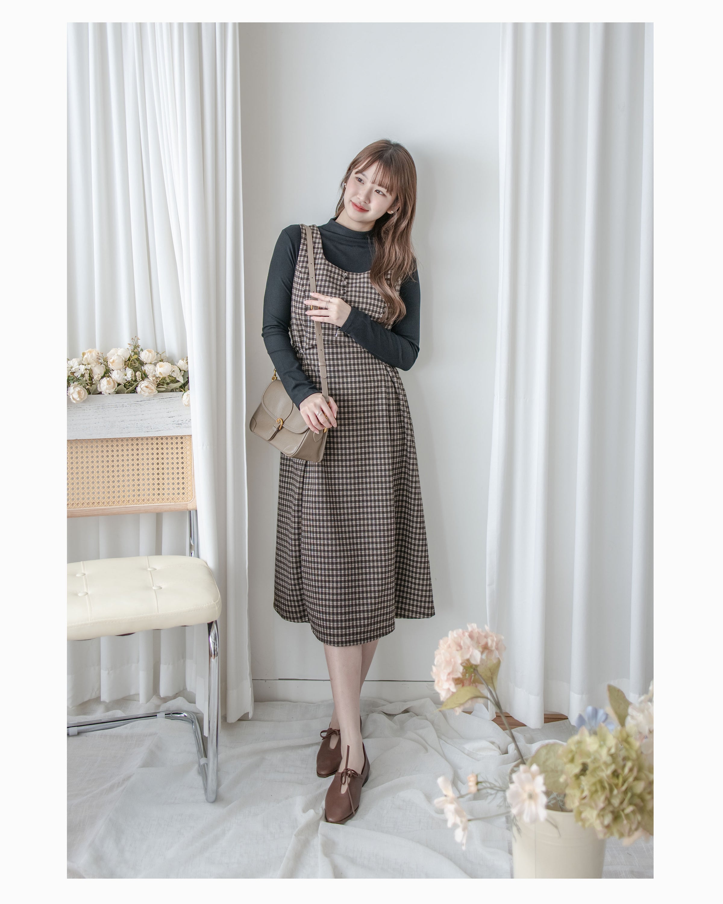 Check Set 格紋方領綁帶修腰連身裙套裝 / SE8100