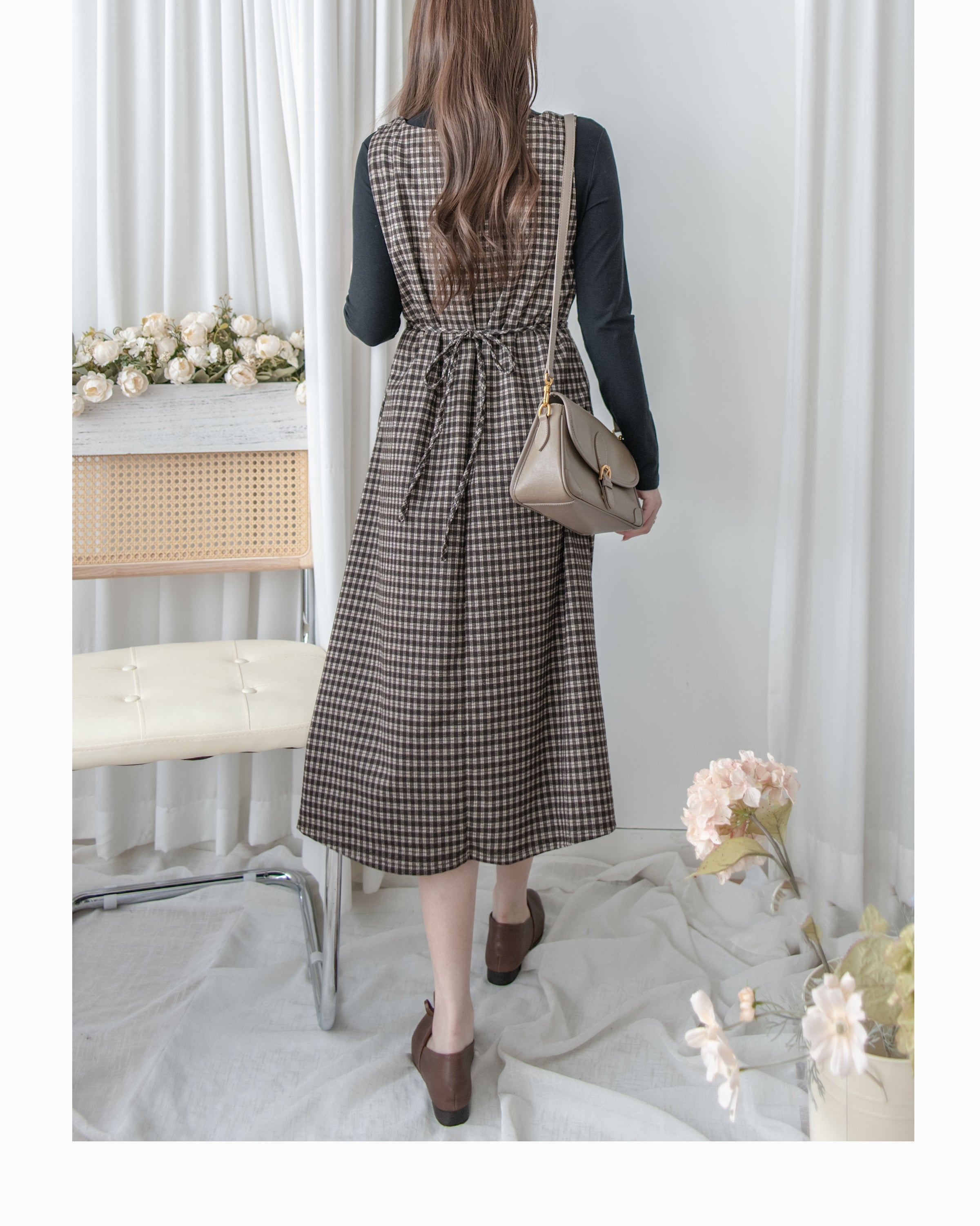 Check Set 格紋方領綁帶修腰連身裙套裝 / SE8100