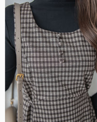 Check Set 格紋方領綁帶修腰連身裙套裝 / SE8100