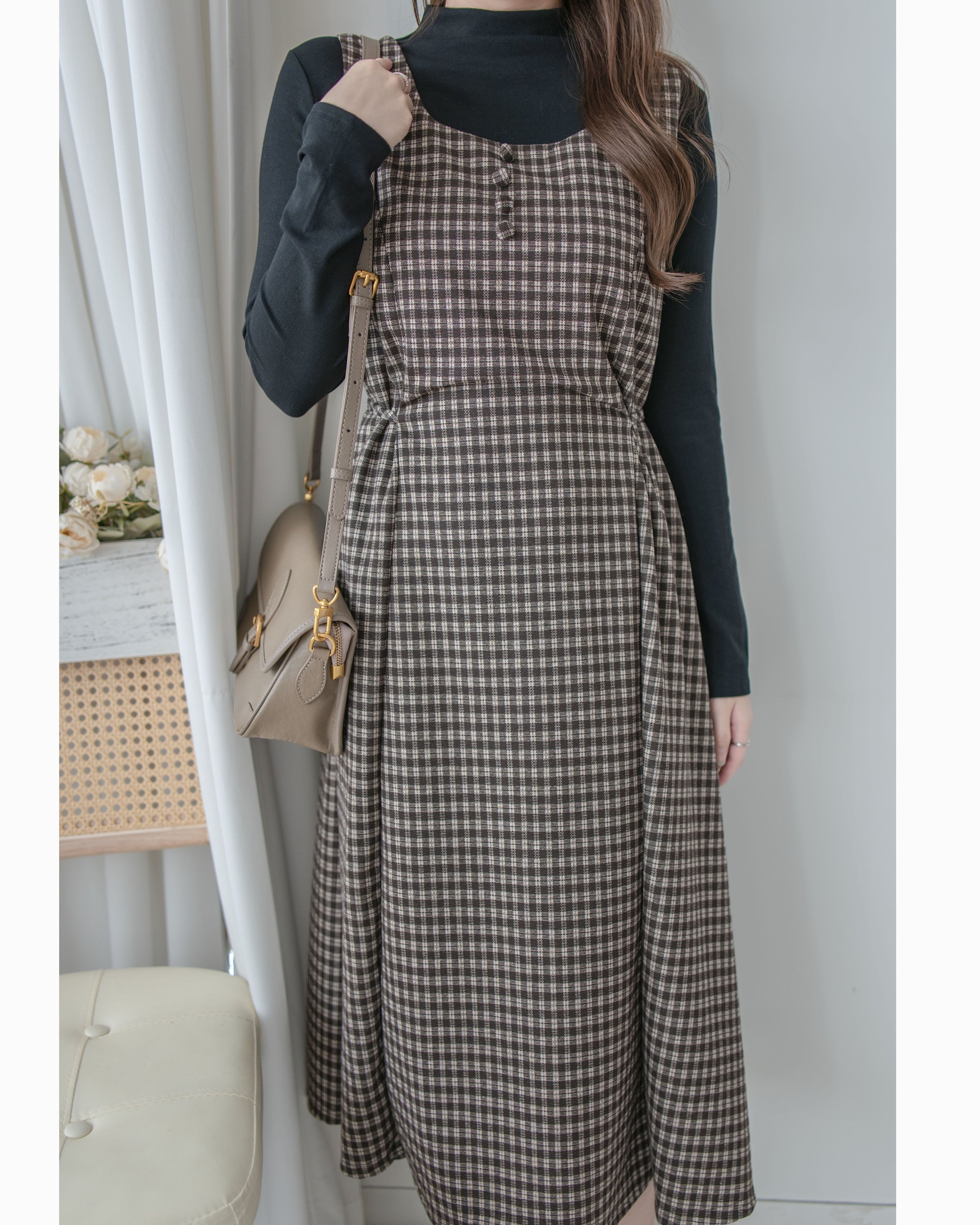 Check Set 格紋方領綁帶修腰連身裙套裝 / SE8100