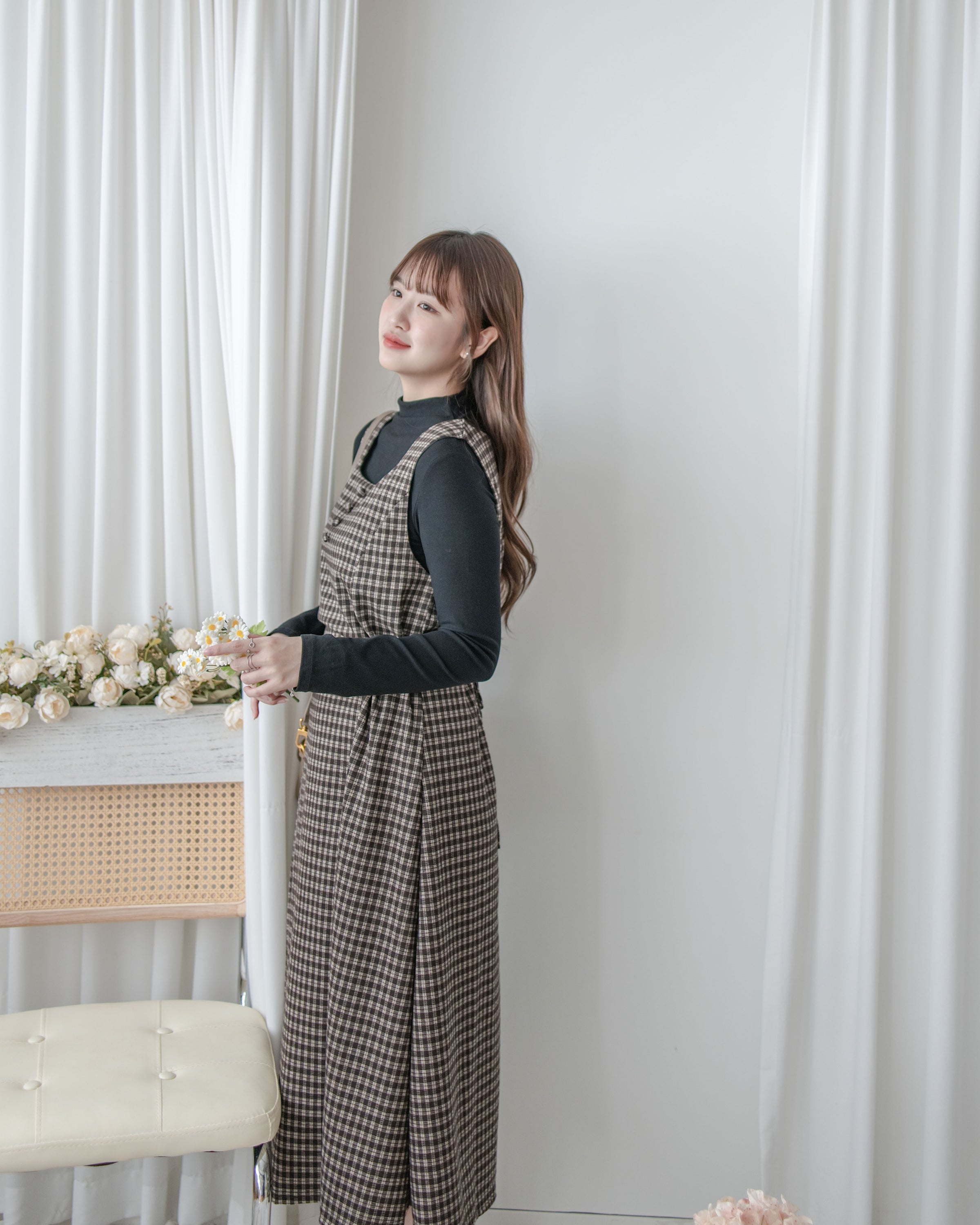 Check Set 格紋方領綁帶修腰連身裙套裝 / SE8100