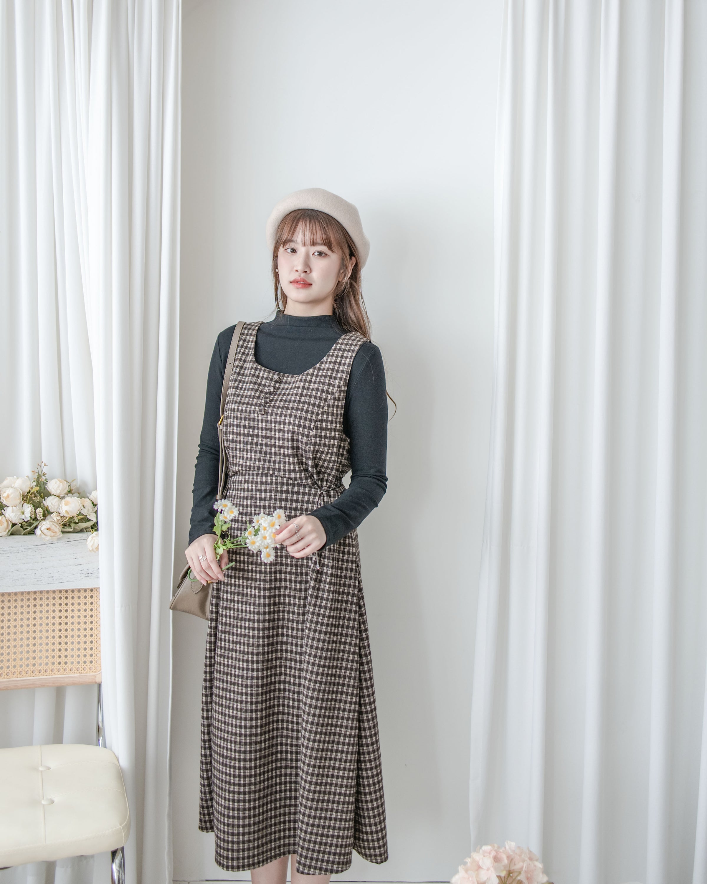 Check Set 格紋方領綁帶修腰連身裙套裝 / SE8100