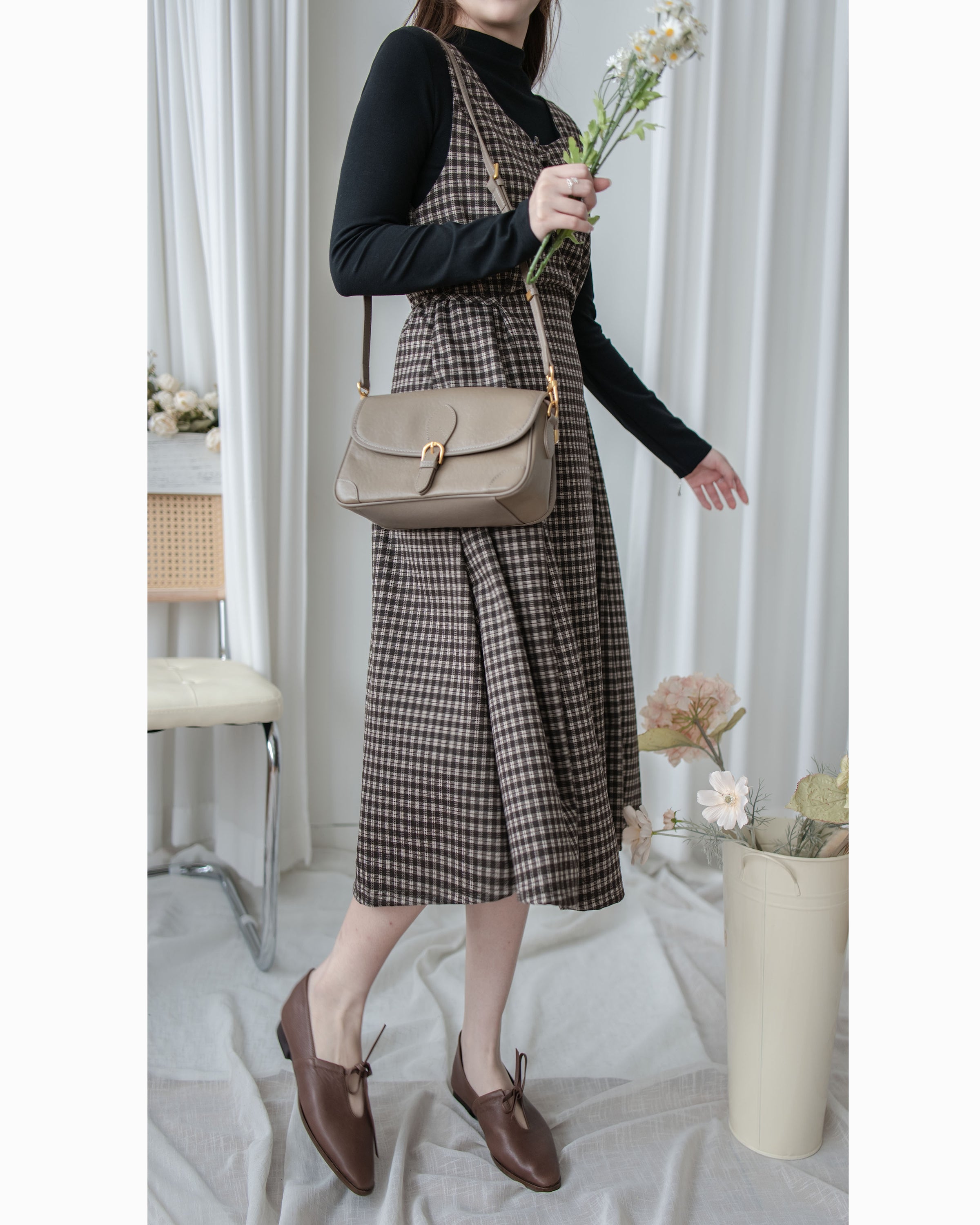 Check Set 格紋方領綁帶修腰連身裙套裝 / SE8100