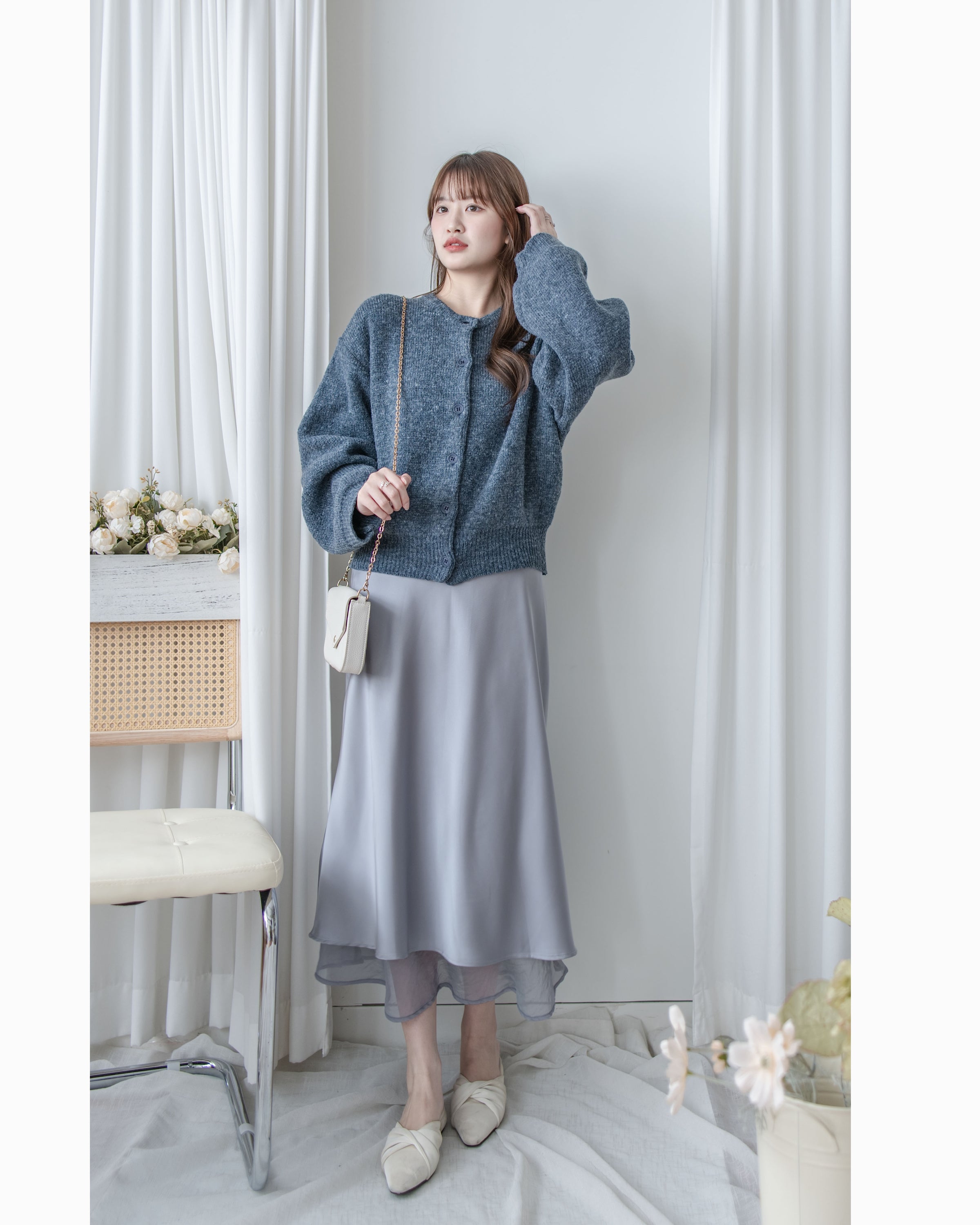 Champaign Skirt 香檳光澤拼紗彈性傘魚尾半裙 /SK8922