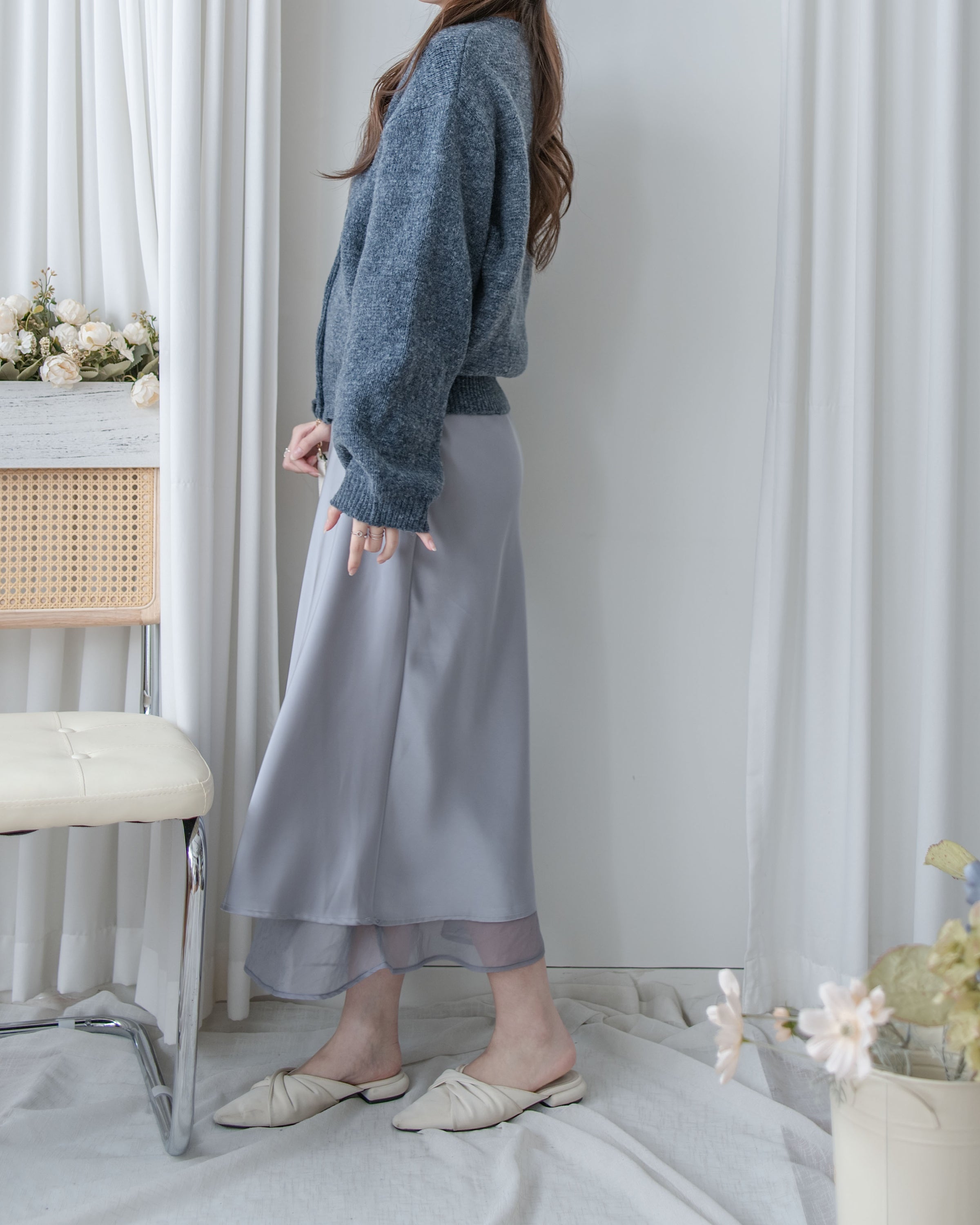 Champaign Skirt 香檳光澤拼紗彈性傘魚尾半裙 /SK8922