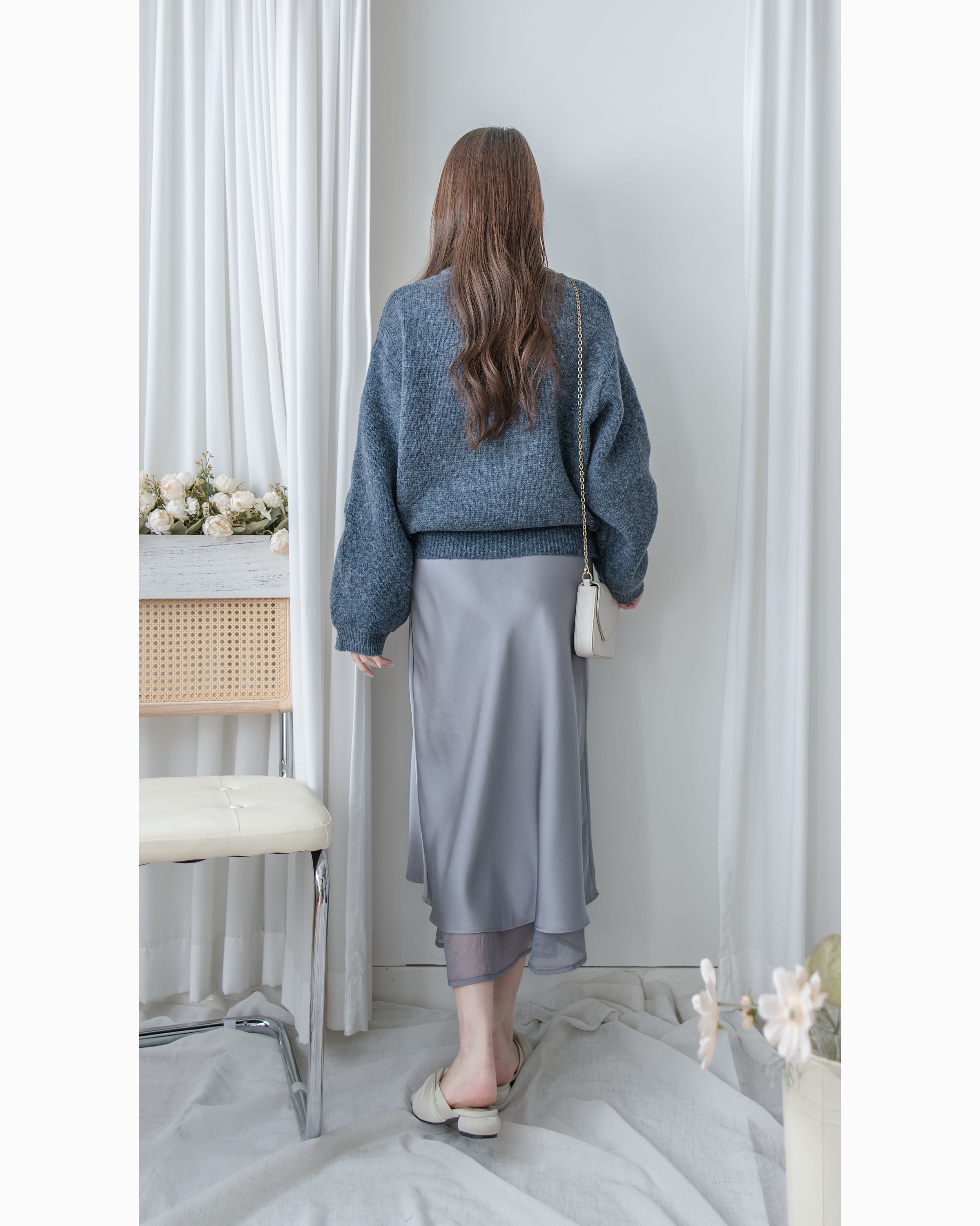 Champaign Skirt 香檳光澤拼紗彈性傘魚尾半裙 /SK8922