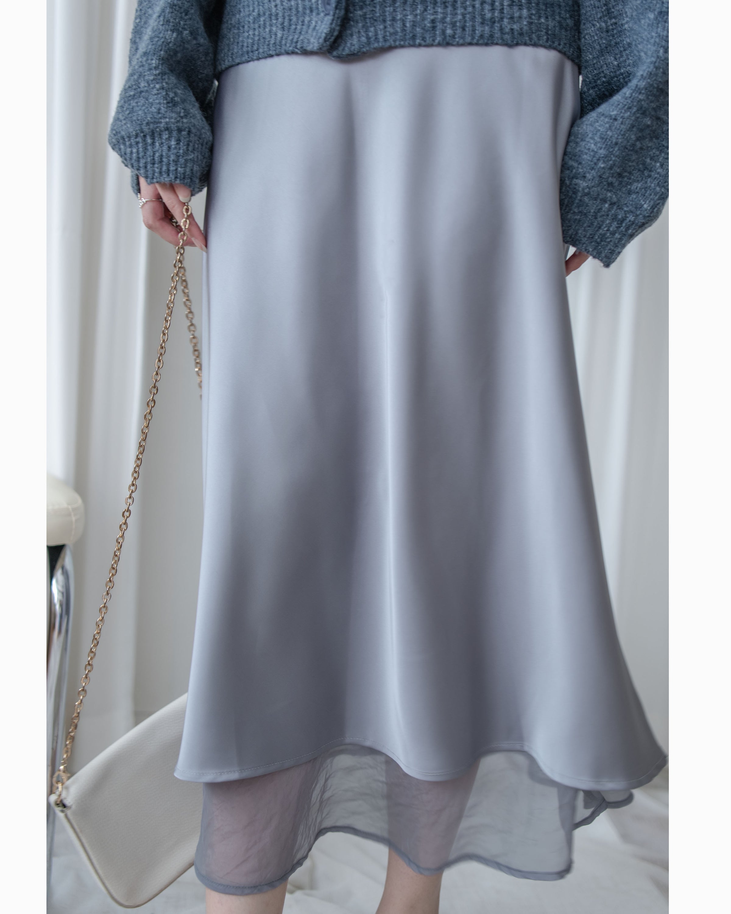 Champaign Skirt 香檳光澤拼紗彈性傘魚尾半裙 /SK8922