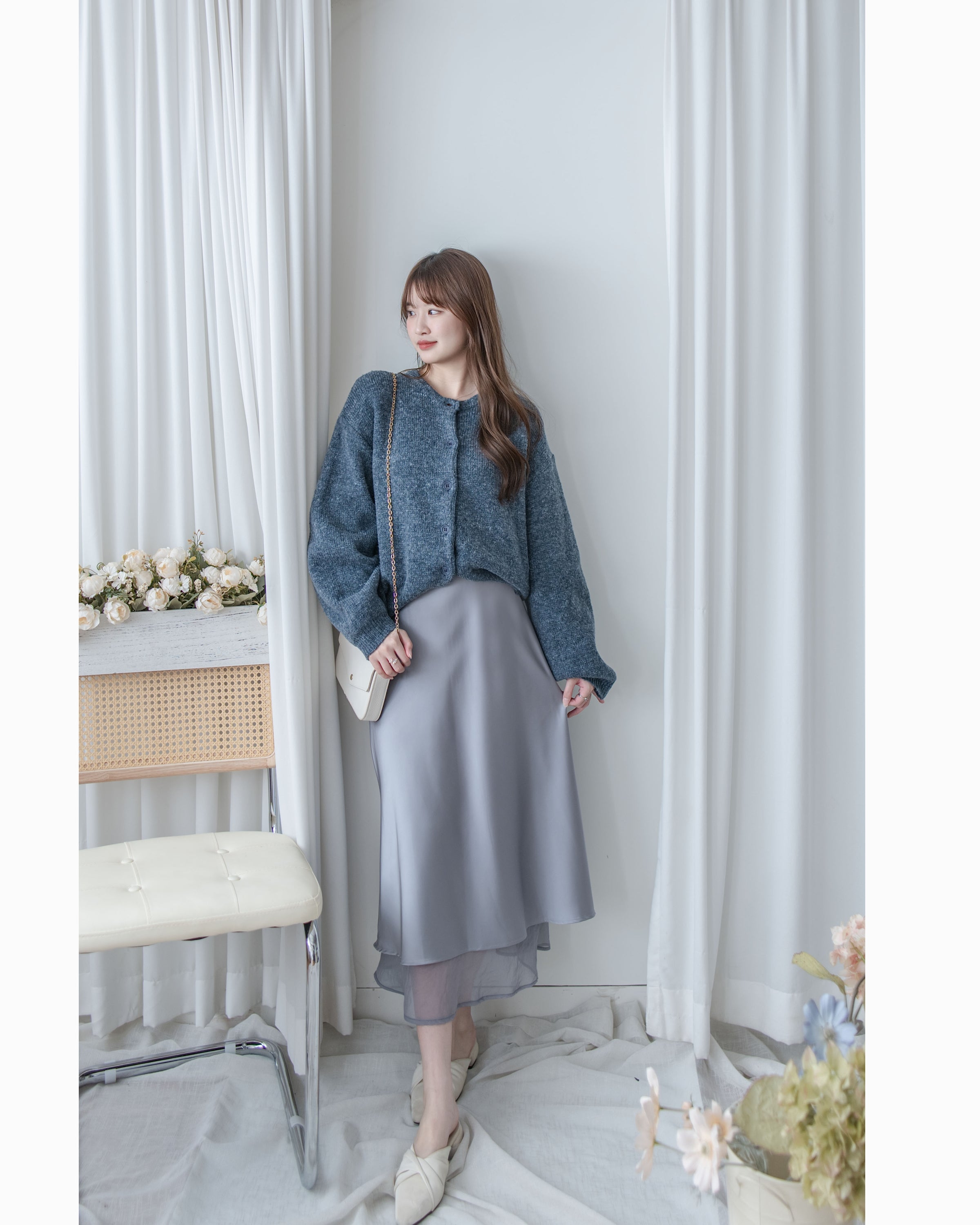 Champaign Skirt 香檳光澤拼紗彈性傘魚尾半裙 /SK8922