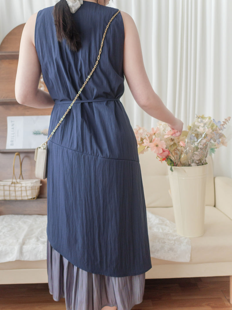 Frill Dress 入膊方領雙層裙擺口袋無袖連身裙/ DS9845