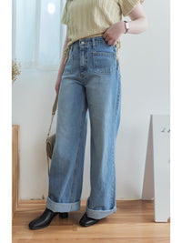 High Waist pocket Jeans 洗水雙口袋高腰長腿牛仔褲/ PT8452