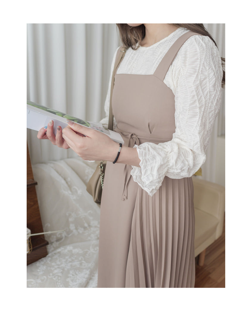 Alice Dress 彈性修身平領優雅左右百褶連身裙/ DS9837