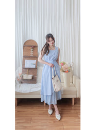 Frill Dress 入膊方領雙層裙擺口袋無袖連身裙/ DS9845