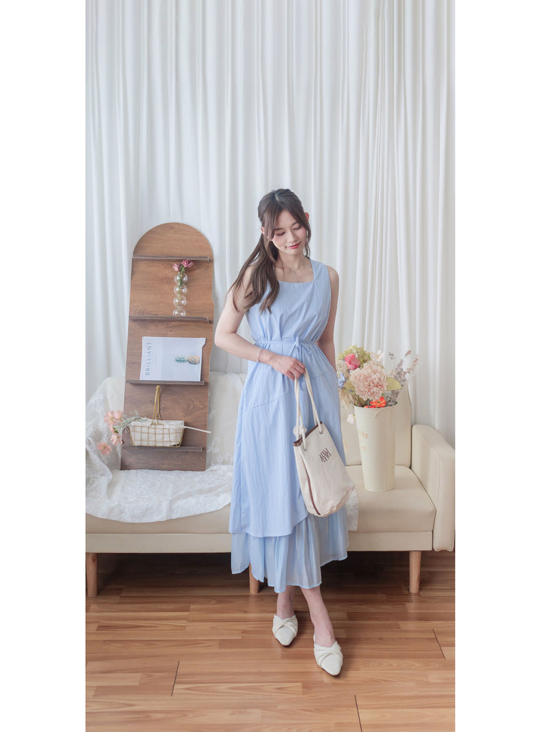 Frill Dress 入膊方領雙層裙擺口袋無袖連身裙/ DS9845