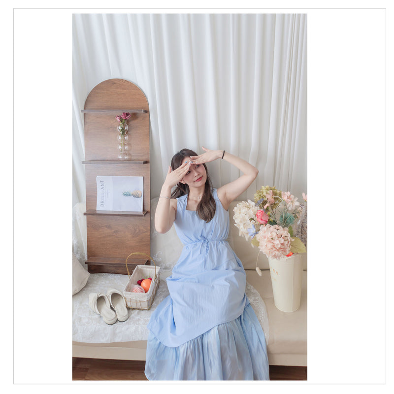 Frill Dress 入膊方領雙層裙擺口袋無袖連身裙/ DS9845