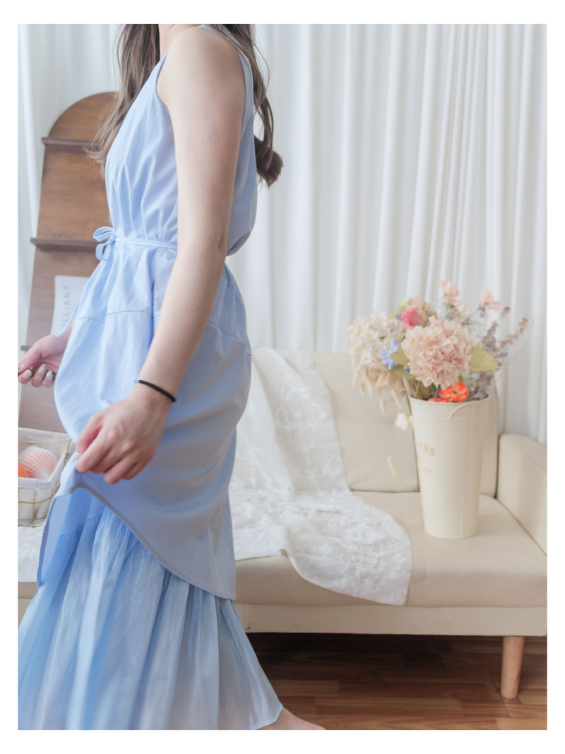 Frill Dress 入膊方領雙層裙擺口袋無袖連身裙/ DS9845