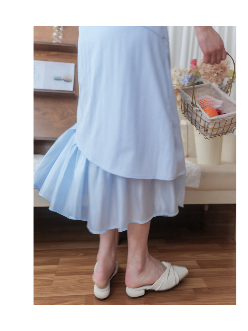 Frill Dress 入膊方領雙層裙擺口袋無袖連身裙/ DS9845