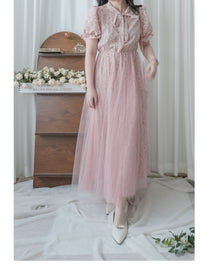 Veil Floral Dress 蝴蝶領口拼紗外層印花傘形連身裙/ DS9855