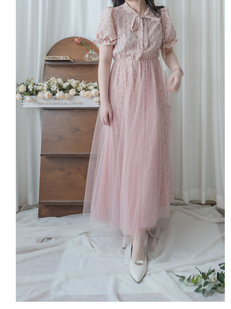 Veil Floral Dress 蝴蝶領口拼紗外層印花傘形連身裙/ DS9855