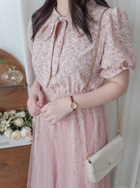 Veil Floral Dress 蝴蝶領口拼紗外層印花傘形連身裙/ DS9855