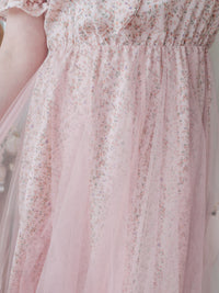 Veil Floral Dress 蝴蝶領口拼紗外層印花傘形連身裙/ DS9855