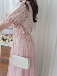 Veil Floral Dress 蝴蝶領口拼紗外層印花傘形連身裙/ DS9855