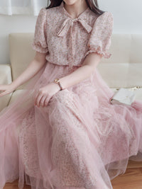 Veil Floral Dress 蝴蝶領口拼紗外層印花傘形連身裙/ DS9855