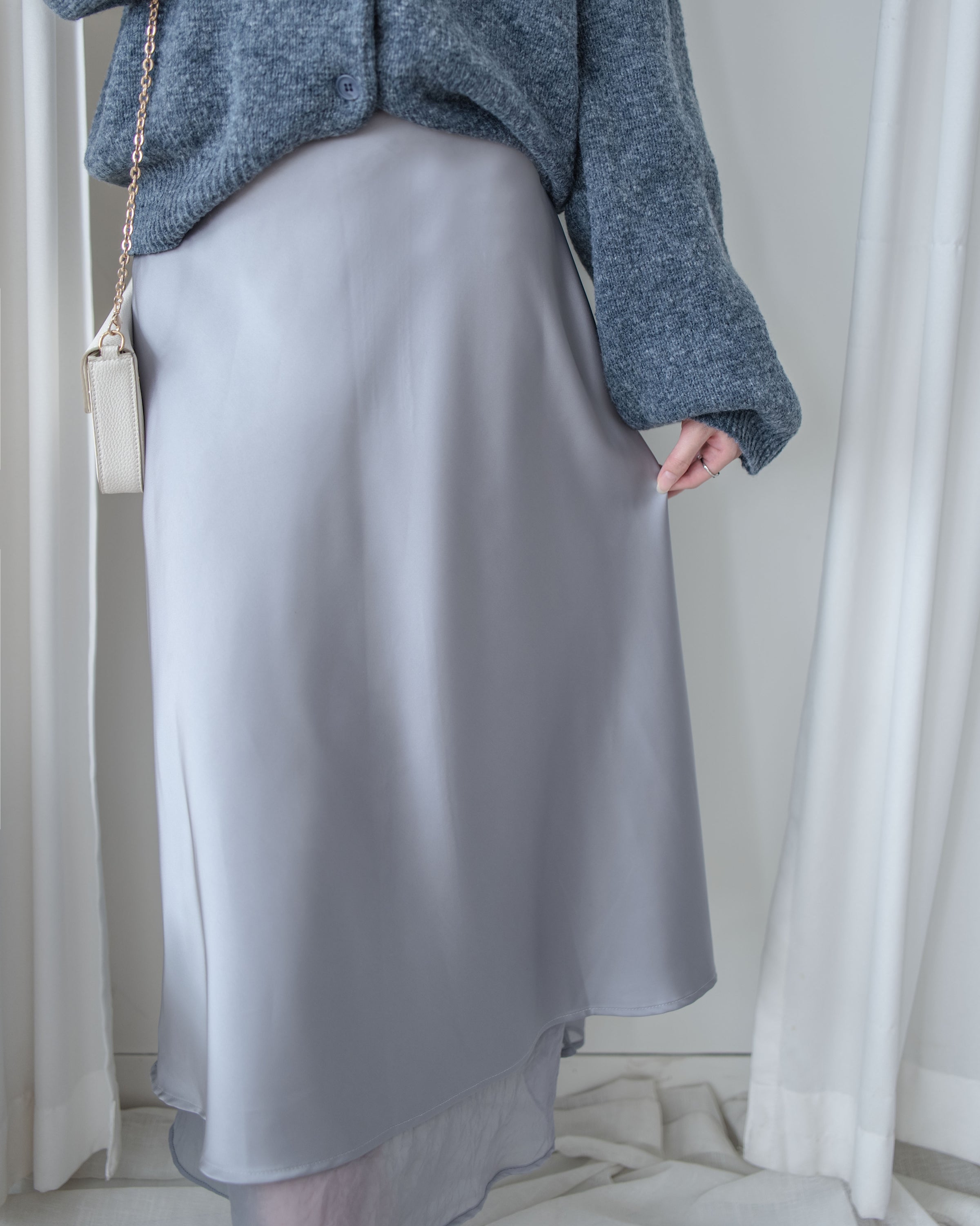 Champaign Skirt 香檳光澤拼紗彈性傘魚尾半裙 /SK8922