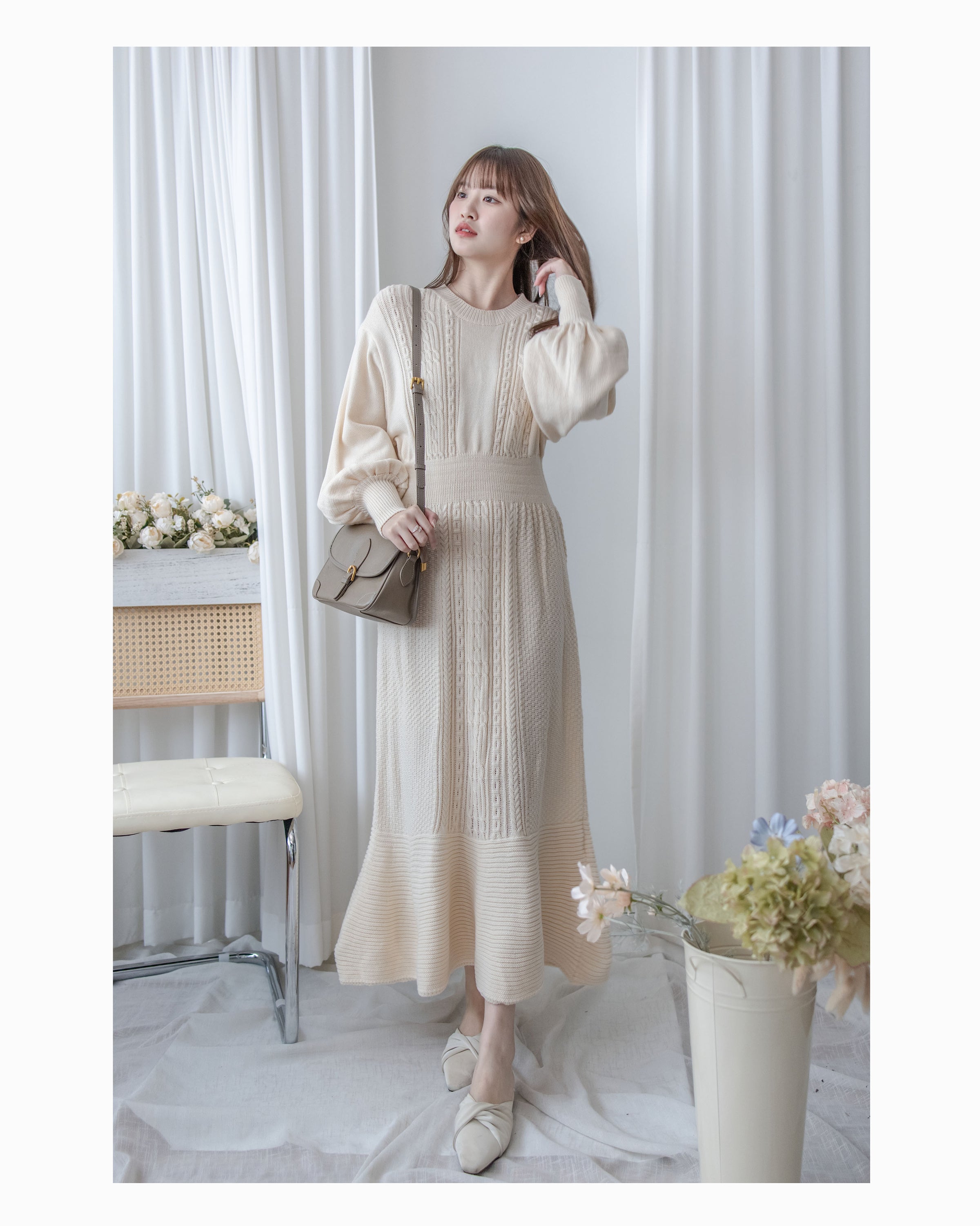 Knitted fishtail Dress 層次織紋舒適收腰傘形魚尾連身裙/ DS1047