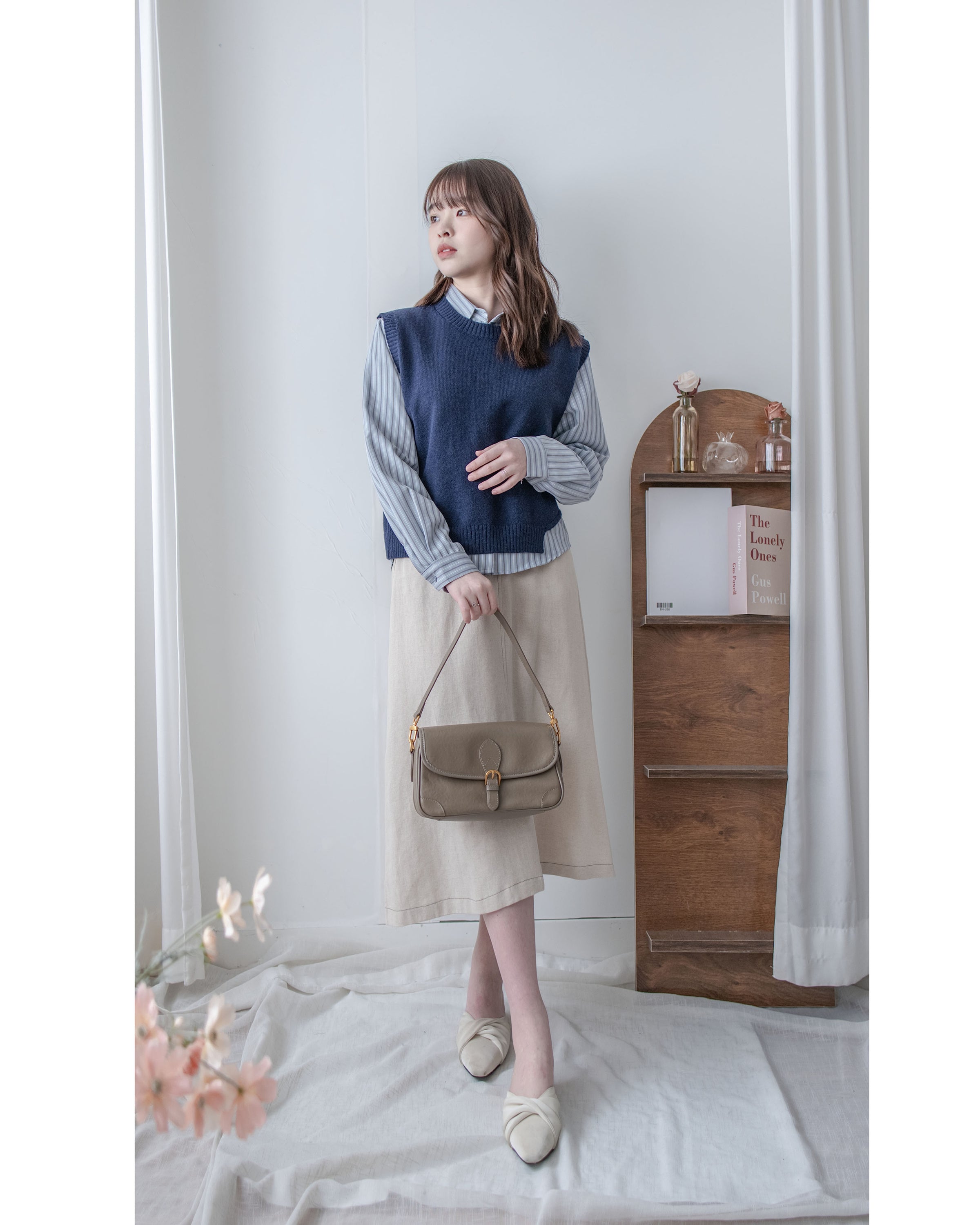 Stripe Shirt Set 不規則下擺針織背心條紋襯衫套裝/ SE9087