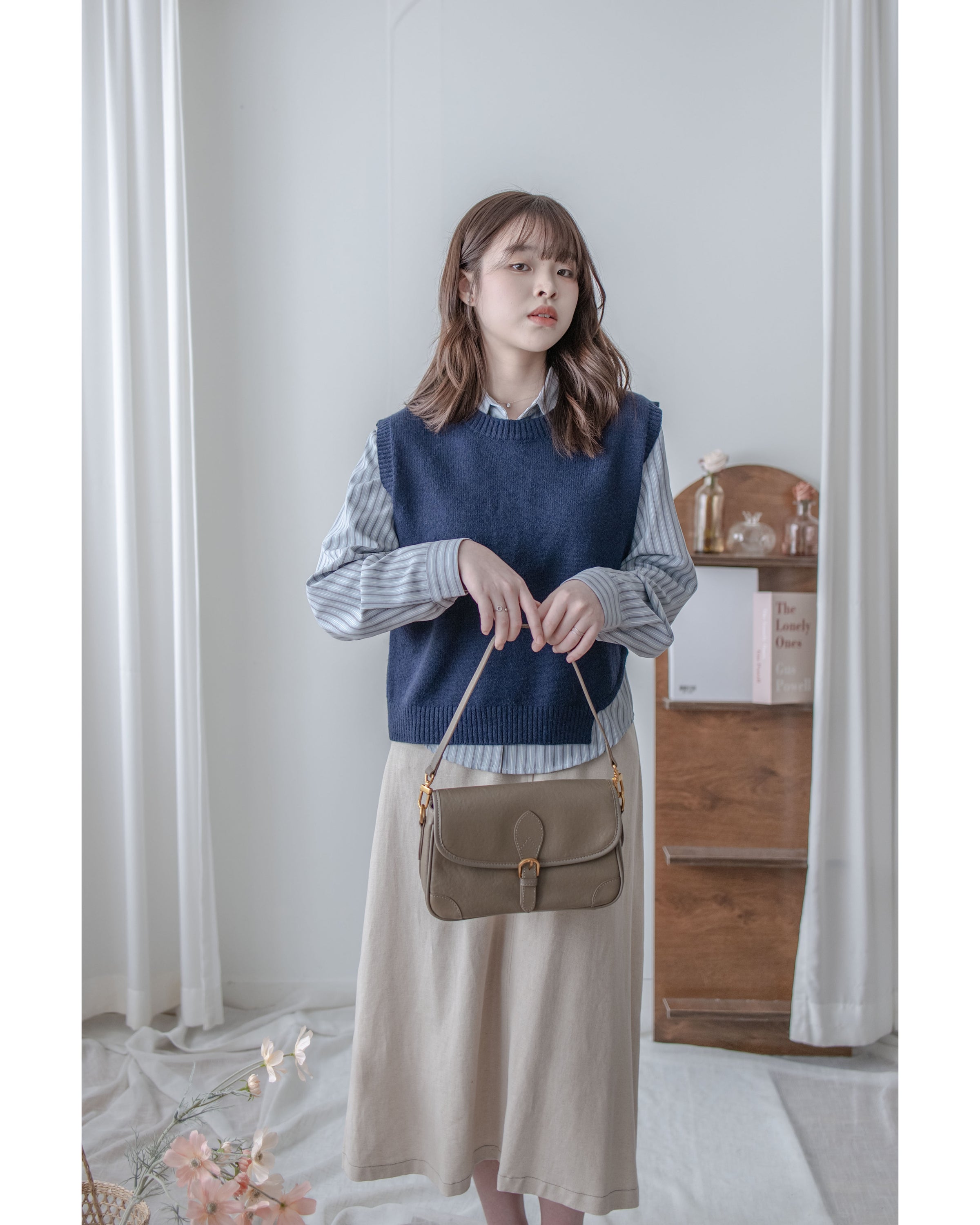 Stripe Shirt Set 不規則下擺針織背心條紋襯衫套裝/ SE9087