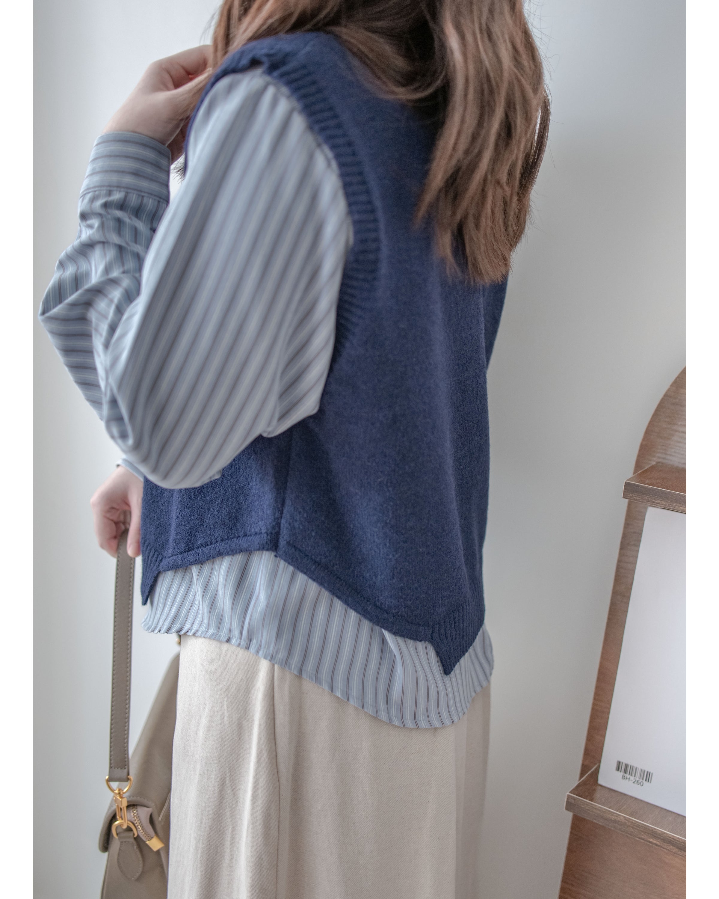 Stripe Shirt Set 不規則下擺針織背心條紋襯衫套裝/ SE9087