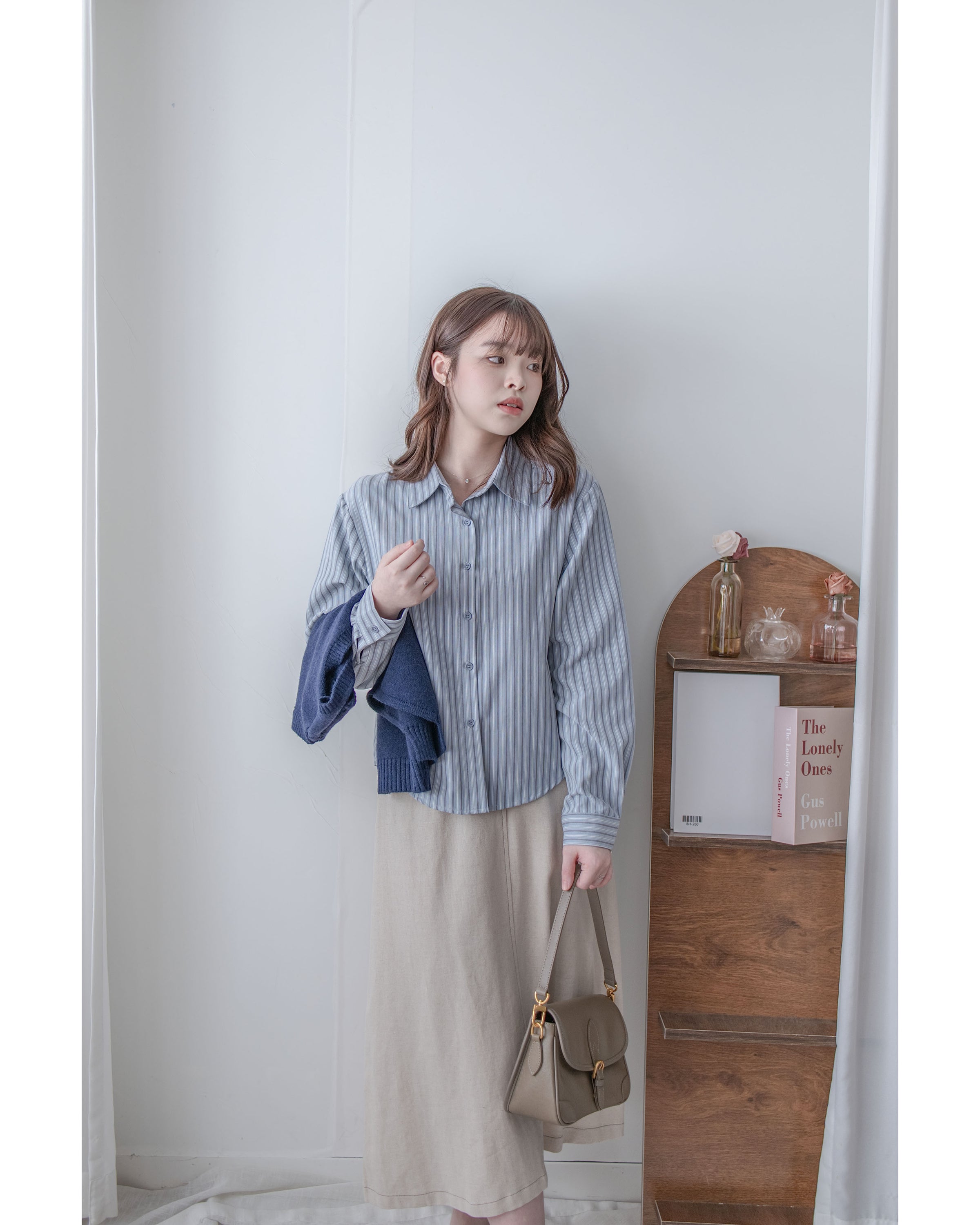 Stripe Shirt Set 不規則下擺針織背心條紋襯衫套裝/ SE9087