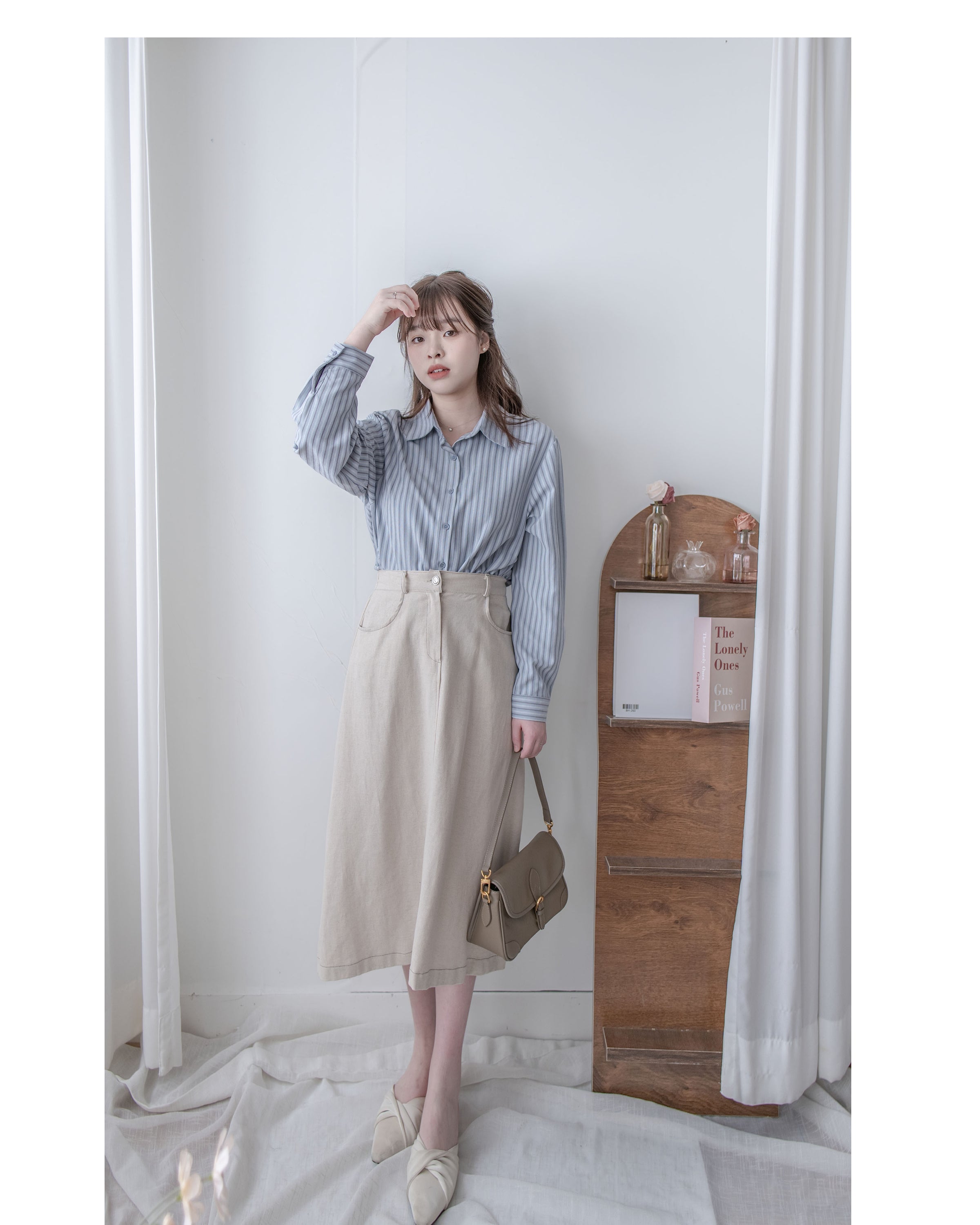 Stripe Shirt Set 不規則下擺針織背心條紋襯衫套裝/ SE9087