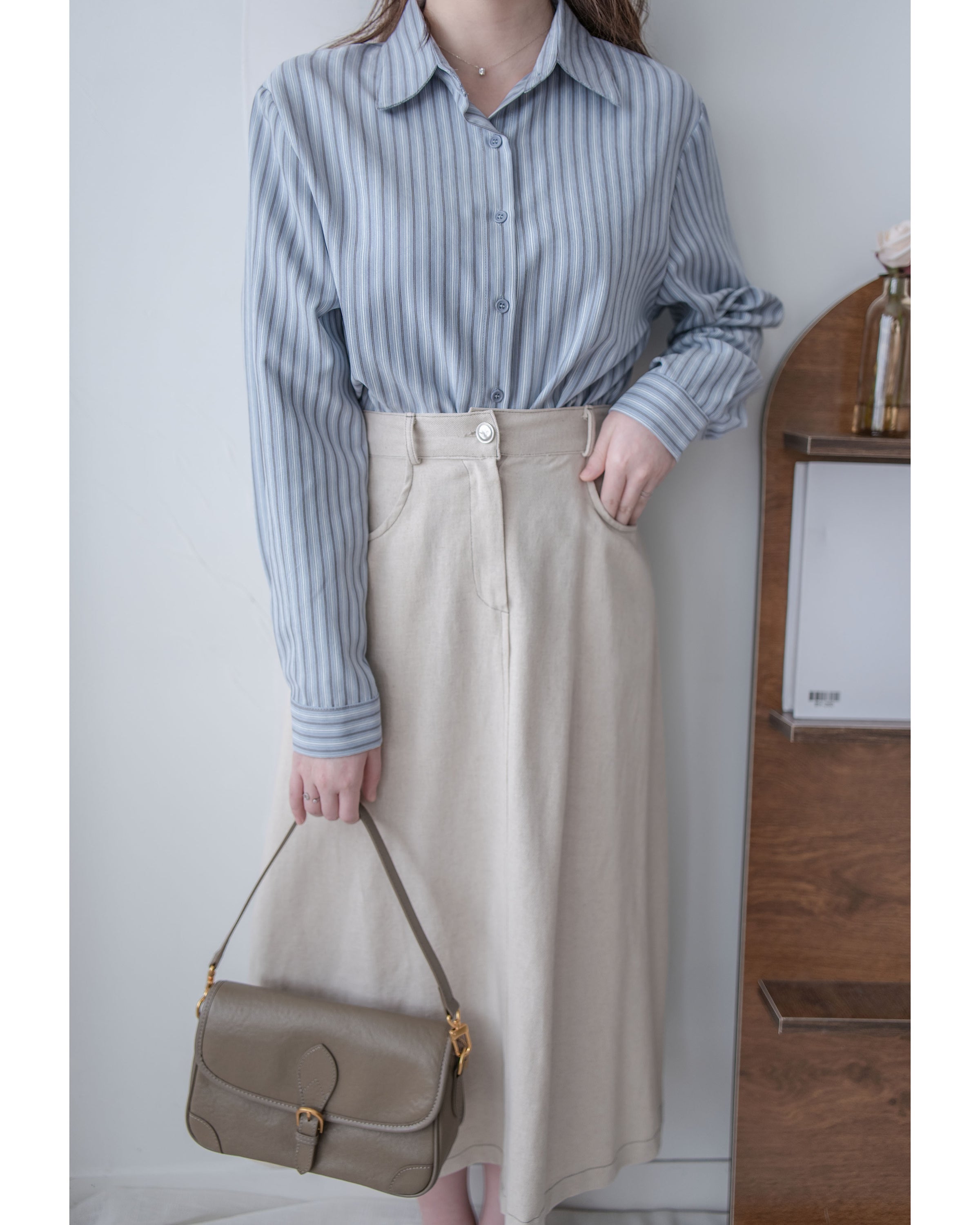 Stripe Shirt Set 不規則下擺針織背心條紋襯衫套裝/ SE9087