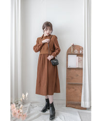 Brown Set 焦糖色側鈕扣針織背心百褶裙襬套裝/ SE8099