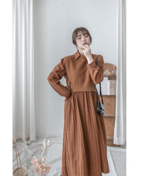 Brown Set 焦糖色側鈕扣針織背心百褶裙襬套裝/ SE8099
