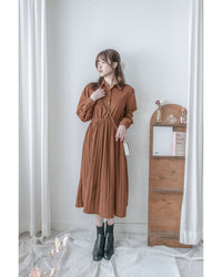Brown Set 焦糖色側鈕扣針織背心百褶裙襬套裝/ SE8099